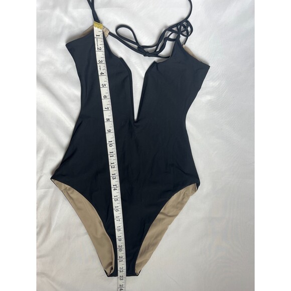 Reversible One Piece Swimsuit Black Beige Size S Plunging Open Back Minimalist - Picture 12 of 12